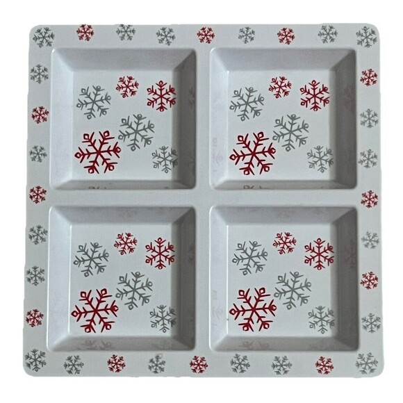 Christmas Serving Tray Holiday Party Snowflakes Vintage White Melamine 13 Square - Picture 1 of 2